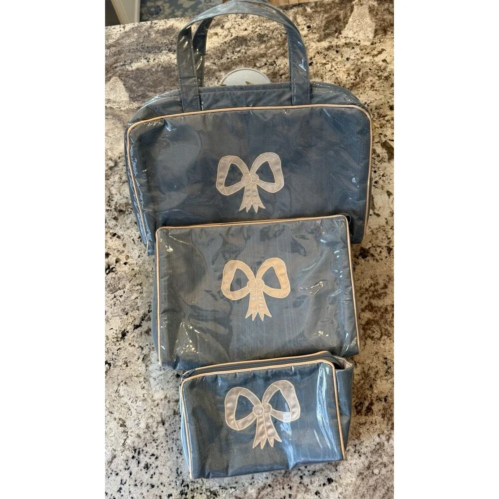 Women’s Travel Toiletry Bag Waterproof Clear Coated  Blue Ribbon Set Of 3